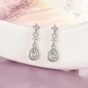 925 Sterling Silver Lake Blue Pear CZ Gem Dangle/Drop Hook Earrings Women Gift - Picture 1 of 9