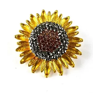 Sunflower Brooch Yellow Metal with Gray & Amber Rhinestone Crystals - Picture 1 of 2