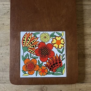 Vintage Retro MCM Wooden Cutting Cheese & Cracker Board Mod Floral Tile 19" x 7" - Picture 1 of 5