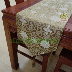 Corredor de mesa marrón 13"x76" chino loto de la suerte patrón floral brocado JACQUARD - Imagen 1 de 7