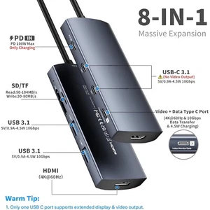 USB Type C Hub to 3*USB 3.1, 4K@60Hz HDMI, 100W PD, USB-A 3.0, SD/TF Card Reader - Picture 1 of 6