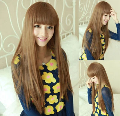 Moda Peluca Larga Marrón Claro Recta Ordenada Bang Mujeres Dama Pelo Pelucas + Gorra Peluca Foto 1 de 4