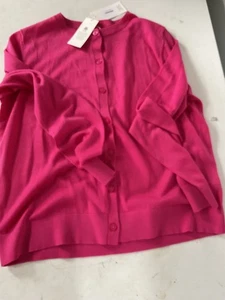 Brand New Pure Merino Crew Neck Cardigan Bright Pink Size 18 - Picture 1 of 13