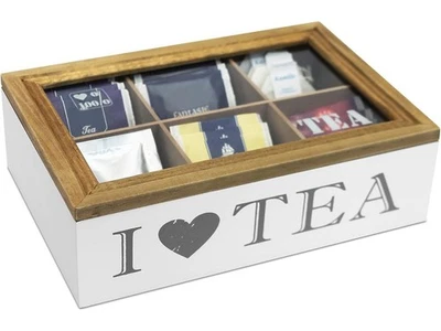 Teebox "I Love Tea" – 6 Fächer, Weiß/Braun | Edle Holz-Teekiste zur Teebeutel-Au - Bild 1 von 4