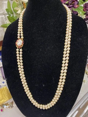 大溪地双股 31 英寸珍珠项链和 14K 红宝石和黑帮 Pealr 夹 — 第 1/4 张图片