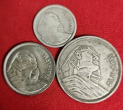 3ANTIQUE  EGYPTIAN SILVER Coin 20,10,5 PIASTRES ISSUED 1956  E 3 - Image 1 of 4