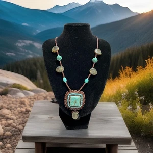 Boho Turquoise Look Square Cabochon Beaded Necklace Leaf Drops 20” - Picture 1 of 4