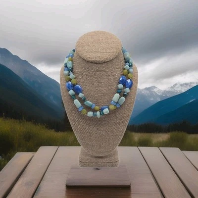 Blue & Green Glass Bead Necklace - 2 Stranded - Beach Nature Boho Natural - Image 1 of 4