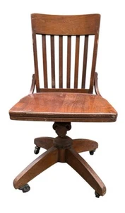 Antique Late 19th Century Oak Swivel Office Chair with Casters - Picture 1 of 15