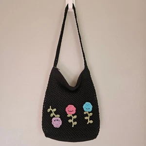Vintage Crochet Hobo Shoulder Bag Sonoma Black Floral Boho Y2K Festival Purse - Bild 1 von 14