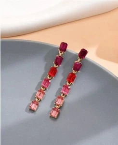 Womens Long Tassel Gold Metal Red Pink Rhinestone Dangle Drop Decor Earrings - Picture 1 of 4