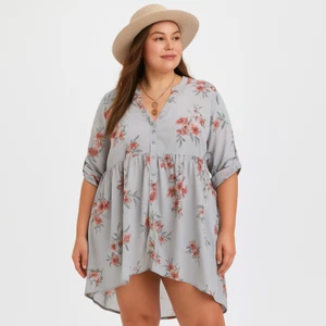 Torrid Gray Floral Button Blouse Tunic Hi-Low Roll Tab Sleeve Womens Size 1X - Picture 1 of 12