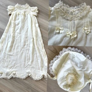 Antique Handmade Child's Silk Christening Gown As Is Slip And Hat - Picture 1 of 23