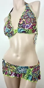 Bikini BECCA by Rebecca Virtue nuovo con etichette $142 MEDIUM multi paisley fondo tri gonna - Foto 1 di 11
