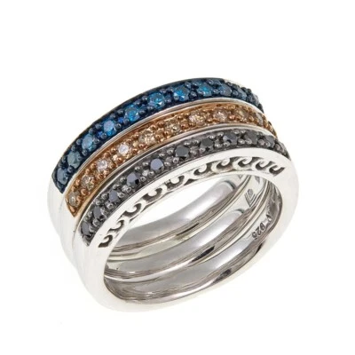 3pc Set .50ctw Black, Blue & Champagne Diamond Sterling Silver Band Ring Size 10 - Image 1 of 4