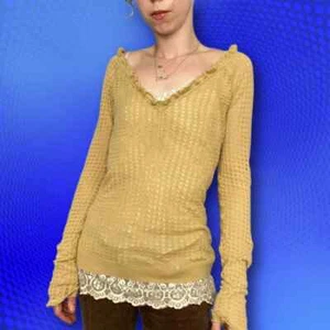 Sheer grunge ruffle knit sweater shirt in celery yellow green cotton, size M - Picture 1 of 9