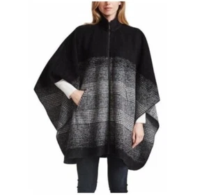 BERNARDO WOMENS BLACK WHITE FULL ZIP PONCHO SWEATER CAPE WOOL Blend Medium - Picture 1 of 7