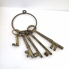 5 Large Vintage Brass  Antique Skeleton Keys, Jail House? Lots Of Wear On Ring