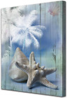 Palm Tree Blue Canvas Wall Art Seashell Painting Modern Tropical Starfish Pictu