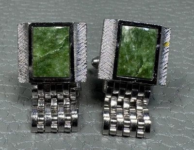 Gemelos envolventes vintage enchapados en oro blanco ágata verde Foto 1 de 3