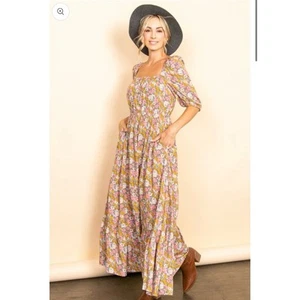 New Elloh Pink & Yellow Floral Reversible Maxi Dress Size Small - Picture 1 of 10