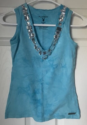 Camiseta sin mangas de colección Y2K Playboy Tie Dye con joyas azul - RARA Foto 1 de 4