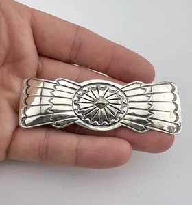 Vintage Navajo Sterling Silver Deep Stamped Bowtie Concho Pin Brooch 3 1/8" - Picture 1 of 3