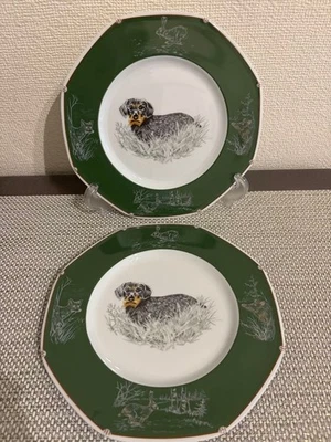 Juego de 2 platos de porcelana HERMES perro Dachshund 21 cm forma octogonal vintage Foto 1 de 4