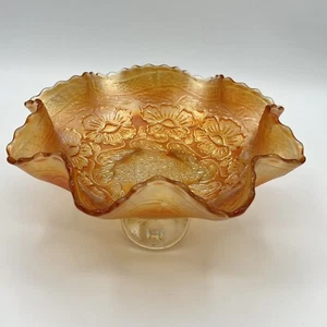 Vintage Fenton Two Flowers 3 Footed Console Bowl Marigold Carnival Glass Art - Picture 1 of 13