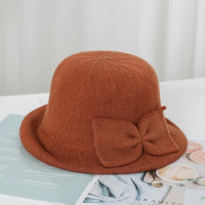 女士针织蝴蝶结帽桶帽复古德比帽可折叠秋季 — 第 1/4 张图片