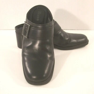 BASS Mujer 9M Zuecos Mules Cuero Zapatos Carintia Negro Hebilla Correa Tacón Bloque Foto 1 de 4