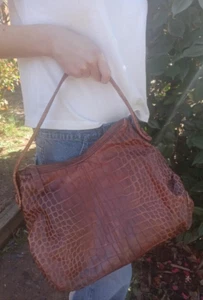 Armani Croc Embossed Hobo Bag Brown Leather made in Italy Giorgio Armani - Picture 1 of 24