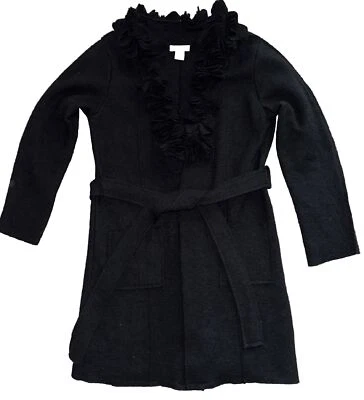 Kenar 长款黑色毛衣外套 领带褶皱正面 尺寸 M  — 第 1/4 张图片