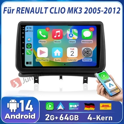 Für Renault Clio 3 2005-2014 Autoradio DAB+ Android 14 Carplay GPS Navi SWC 9'' - Bild 1 von 4