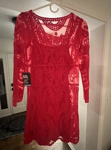 Express Red Lace Cocktail Holiday Mini Dress  3/4 Sleeve Size Small Brand NWT - Picture 1 of 6