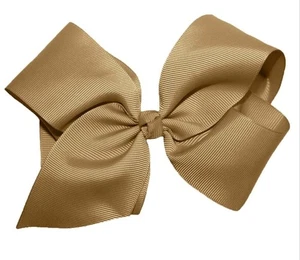 Khaki 4” Hair Bow Grosgrain Ribbon Trendy Boutique Boho Bow Hair Barrette Clip - Picture 1 of 7