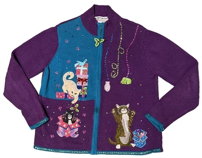 复古 90 传家宝收藏品圣诞猫开衫针织衫奶奶丑陋假期 — 第 1/4 张图片