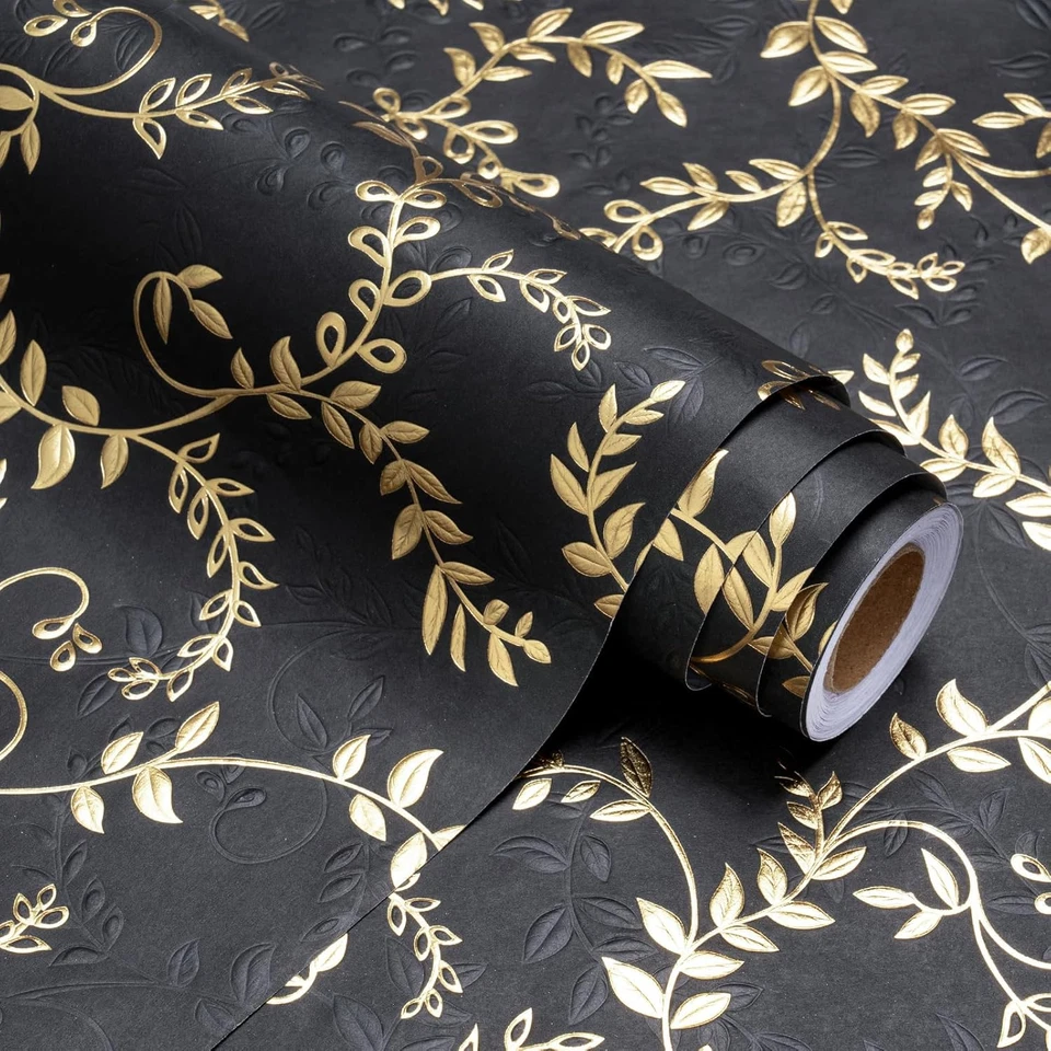 3D Kraft Wrapping Paper Roll - Mini Roll - 17 Inch x 16.5 Feet - Gold and Black