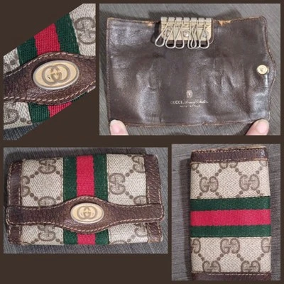 Autêntico porta-chaves GUCCI marrom vermelho verde logotipo GG lona e couro (4" x 2,5") - Imagem 1 de 4
