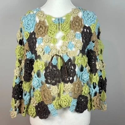 Cardigã feminino feito à mão de crochê com miçangas malha aberta fada cottagecore tamanho pequeno ano 2000 - Imagem 1 de 4