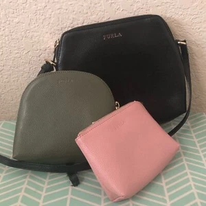 FURLA Extra Large Boheme Leather Crossbody Purse Pouch Set Black, Green, & Pink - Picture 1 of 10