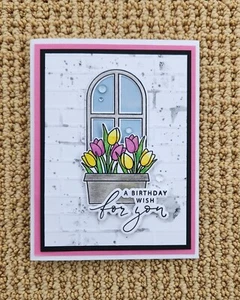 KARTENSET Handarbeit HAPPY BIRTHDAY Blumen Fenster Box 4 Grußkarten/Umschläge - Bild 1 von 4