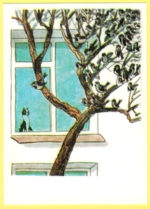 A.Kanevsky 1976 Russian postcard SPRING! Kitten listens SINGING SPARROWS - Foto 1 di 2