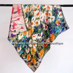 Sally 18 Momme Twill Silk Wrap Scarf Painting Floral Print Double Face Shawl 35" - Picture 1 of 13
