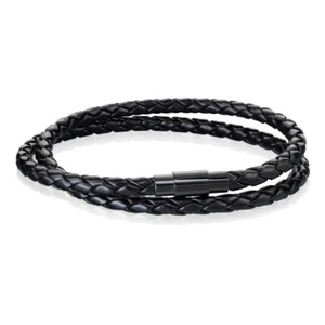 BRACELET HOMME EN CUIR NOIR TRESSÉ FERMOIR ACIER CYLINDRIQUE CLASSE 20cm 0109K - Imagen 1 de 1
