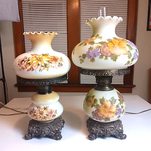 2 Large VTG Gone with The Wind 3-Way Hurricane Lamps Flowers Parlor 24" & 21" - Picture 1 of 23