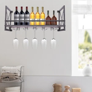 1 Layer Wall Mounted Wine Rack Gin Shelf Rack Bottle 5 Glass Holder Home Bar Uk  - Picture 1 of 16