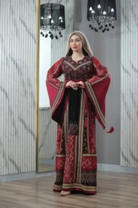 Palestinian Women Embroidered Thobe Dress Tatreez Wide Sleeves with Scarf - Picture 1 of 10