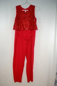Girls RED PANTS JUMPSUIT ROMPER Sleeveless SEQUIN BLOUSON TOP Tie Belt XXL 18 - Picture 1 of 3