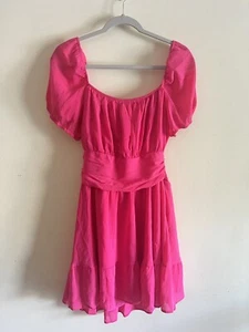 Exlura Puff Sleeve Babydoll A-Line Summer Mini Dress Hot Pink Womens L - Picture 1 of 3